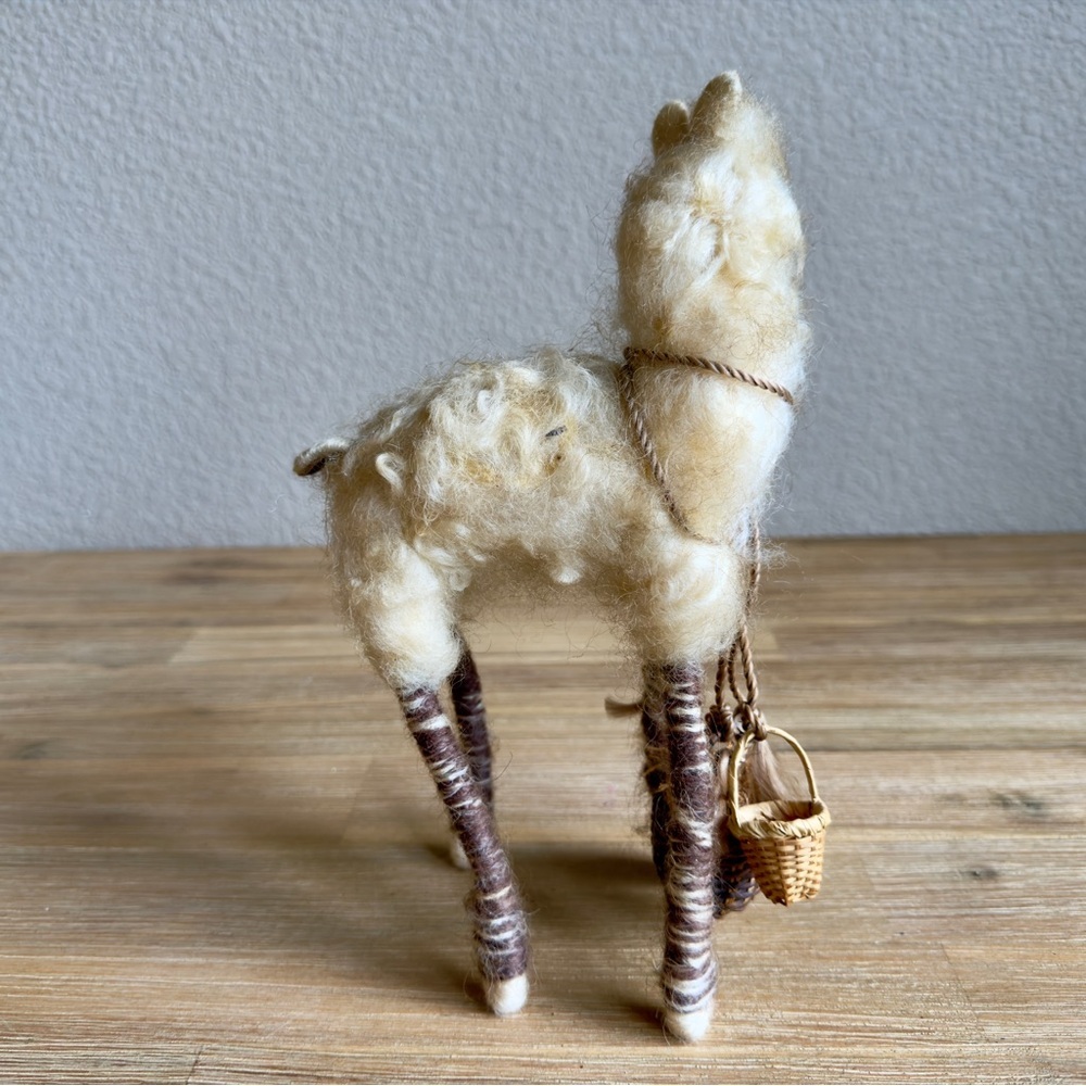 Handmade Wool Felt Llama Alpaca Figurine Folk Art Miniature w Basket 10in - Picture 9 of 15